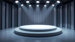 Modern digital room with theater curtain and blind.