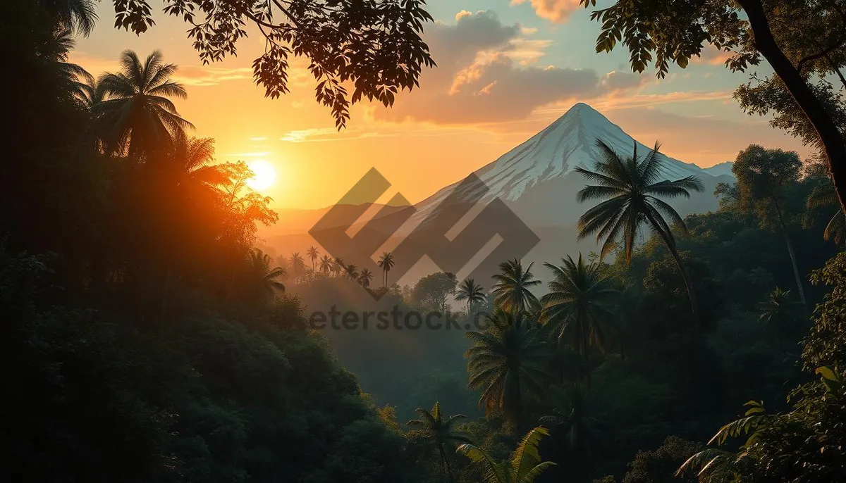 Picture of Tropical sunset over palm tree lined beach landscape