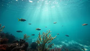 Bright tropical ray swimming in coral reef sunlight.