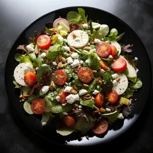 Fresh vegetable salad with tasty cheese and olives
