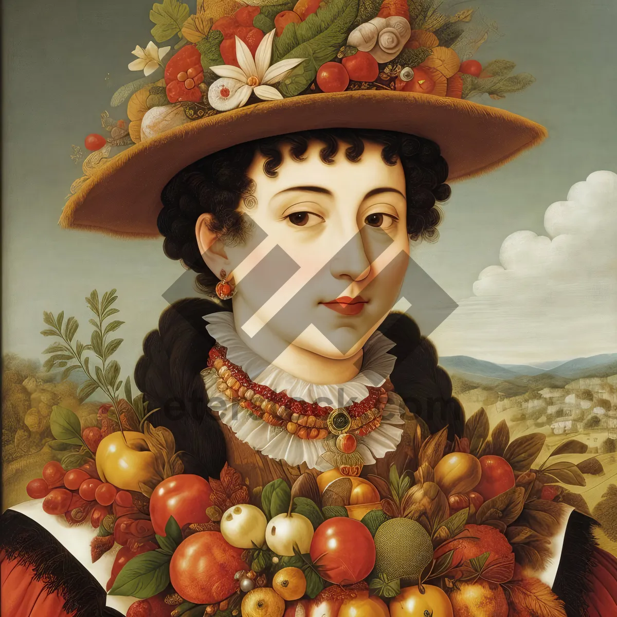 Picture of Happy Fruit Lovers with Apples and Pomegranates