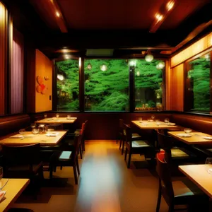 Modern luxury restaurant interior with wooden furniture and lamps.