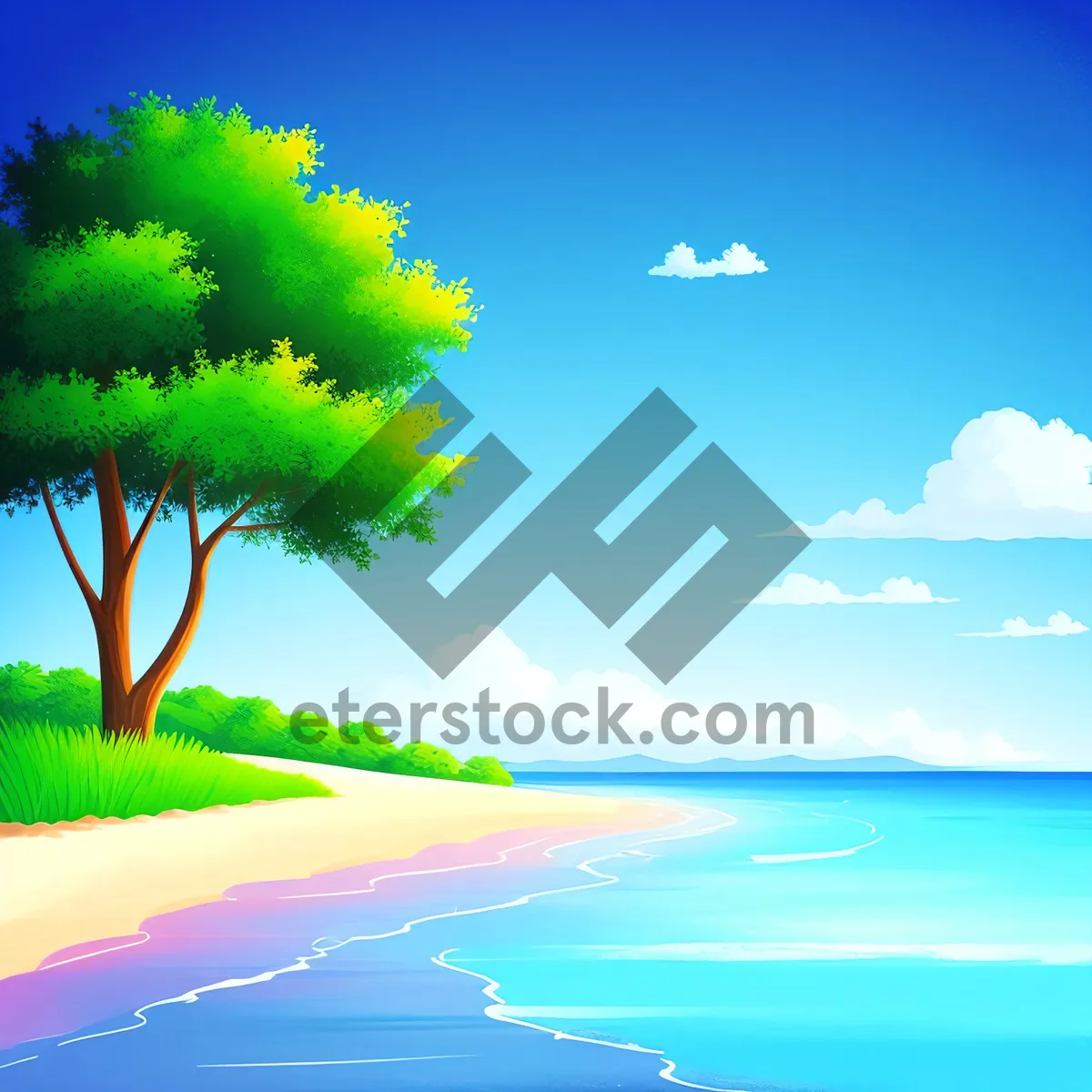 Picture of Vibrant Summer Skyline with Sun, Sea, and Clouds