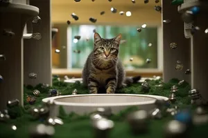 Curious Tabby Cat Sitting on Windowsill with Laptop