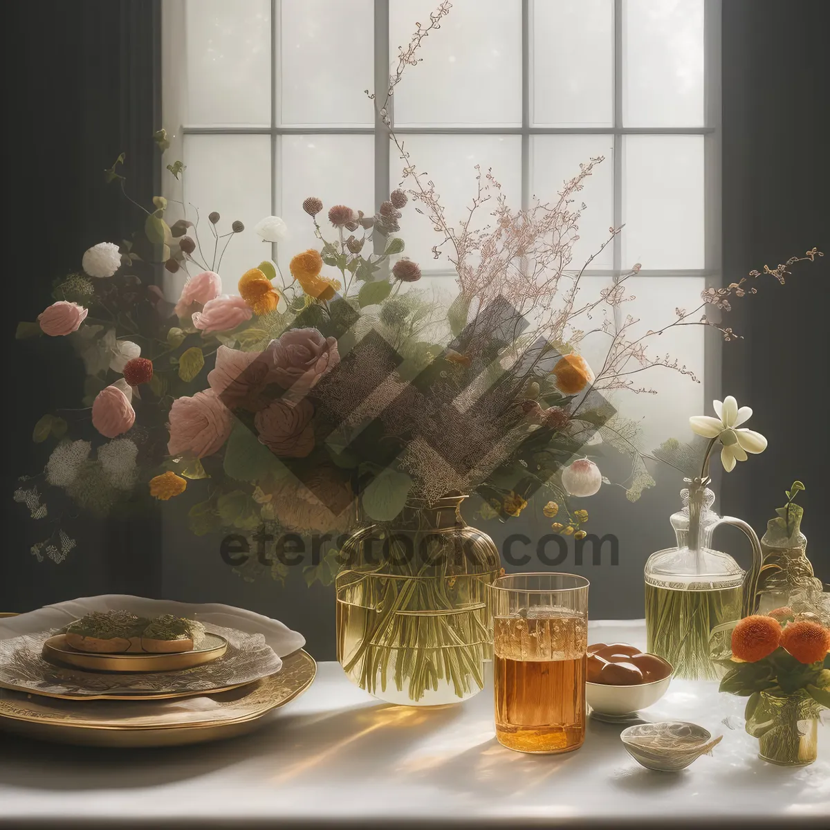 Picture of Dinner party table decoration with flower bouquet in vase