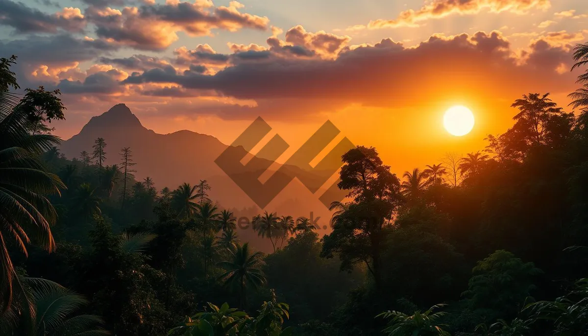 Picture of Orange sunset over mountain landscape silhouette