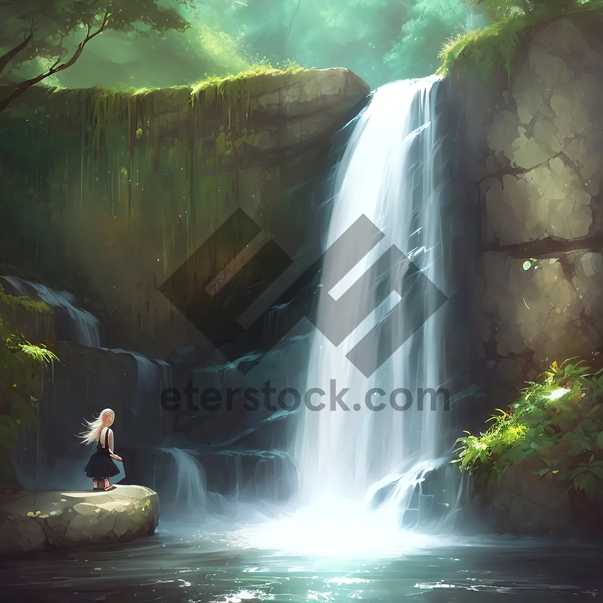 Picture of Idyllic Waterfall Surrounded by Lush Forest