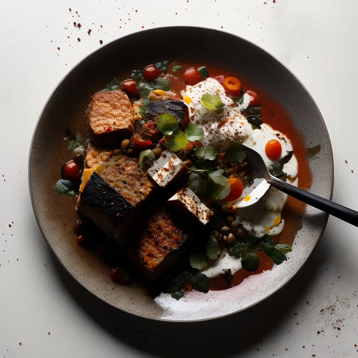 Picture of Fresh vegetable salad with grilled beef and chocolate sauce