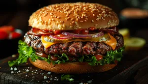 Delicious Gourmet Burger with Fresh Vegetables and Cheese