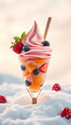 Refreshing Berry Bowl with Ice Cream and Chocolate Syrup