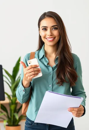 Happy businesswoman smiling with laptop in office.