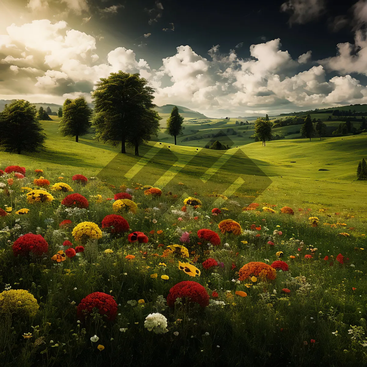 Picture of Idyllic Spring Field with Colorful Tulips and Poppy