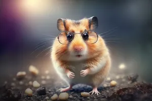 Cute baby hamster with fluffy fur and whiskers.