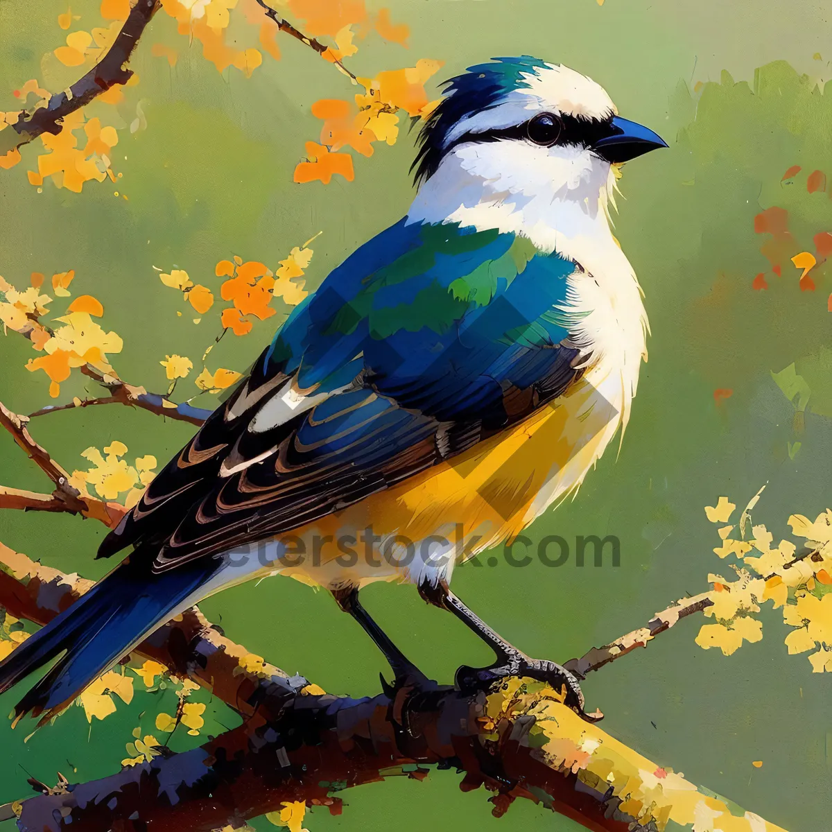 Picture of Colorful Jay perched on branch near bird feeder.