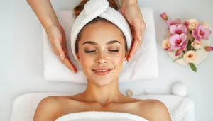 Attractive lady smiling during spa facial treatment.