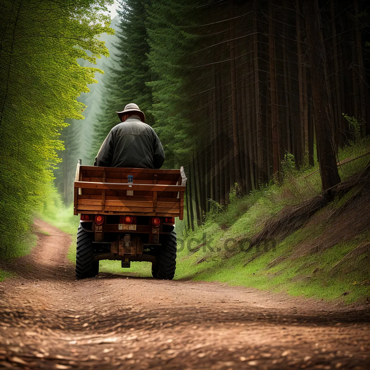 Picture of Rural Farmer Operating Harvester in Green Landscape