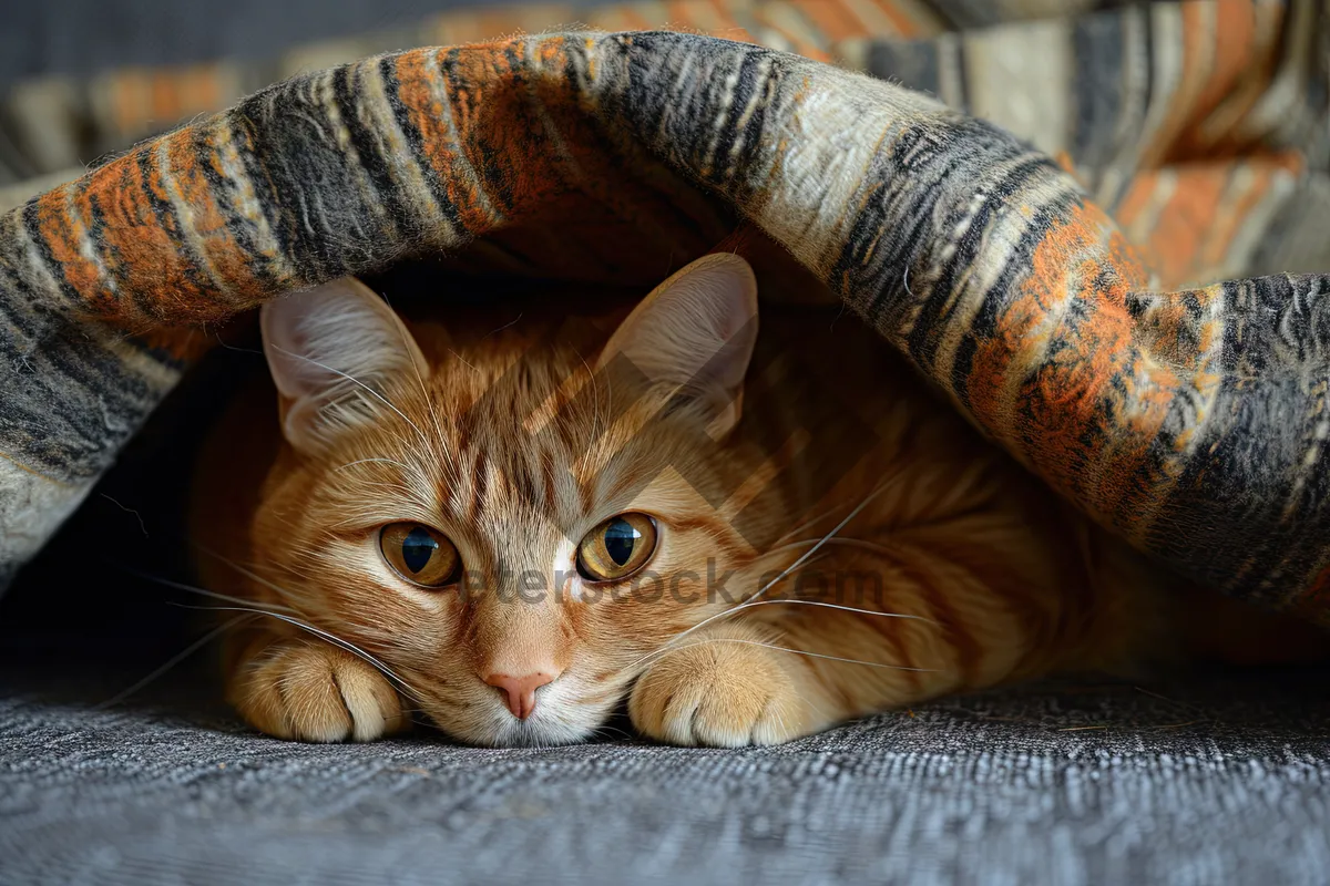 Picture of Adorable tabby cat with curious expression on blanket