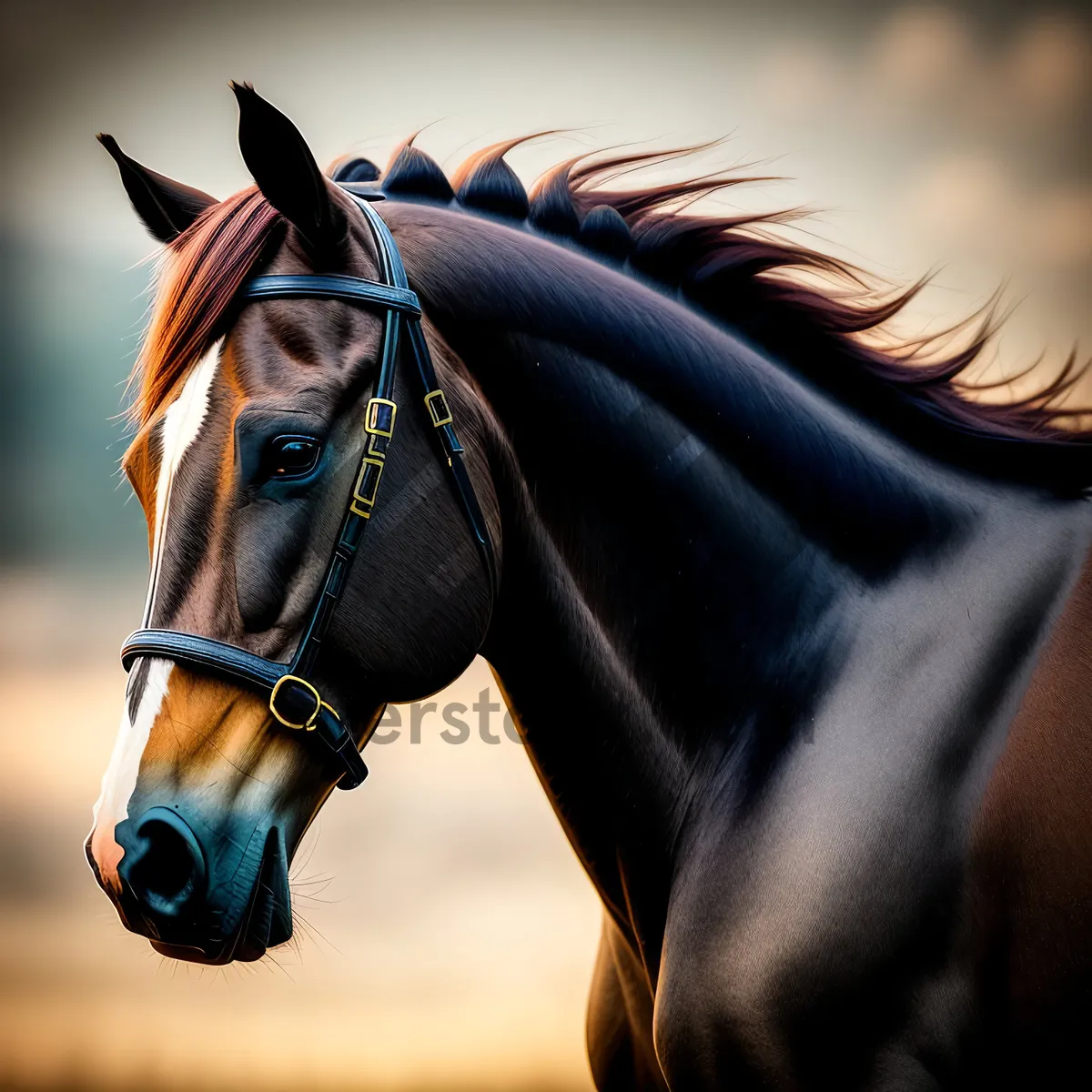 Picture of Beautiful Chestnut Stallion in Bridle and Headgear