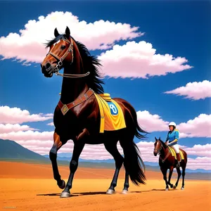 Sunset Race: Speeding Stallion with Cowboy Rider