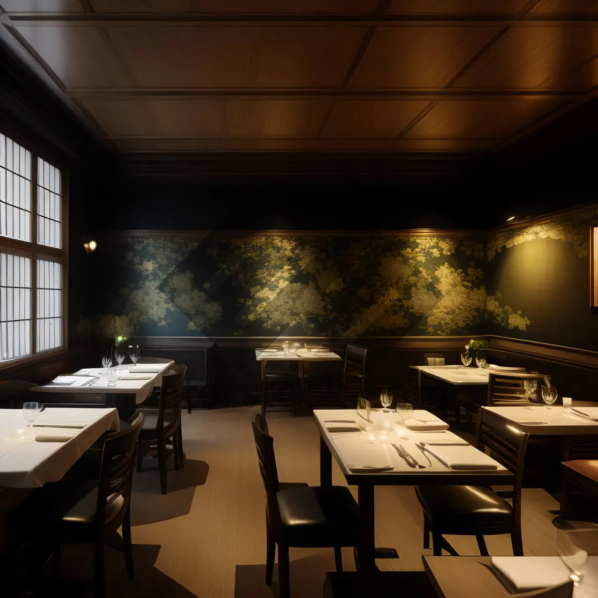 Picture of Modern luxury restaurant interior design with wooden furniture and glass lamps.