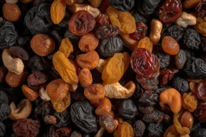 Assorted Nuts and Dried Fruits on Closeup Heap