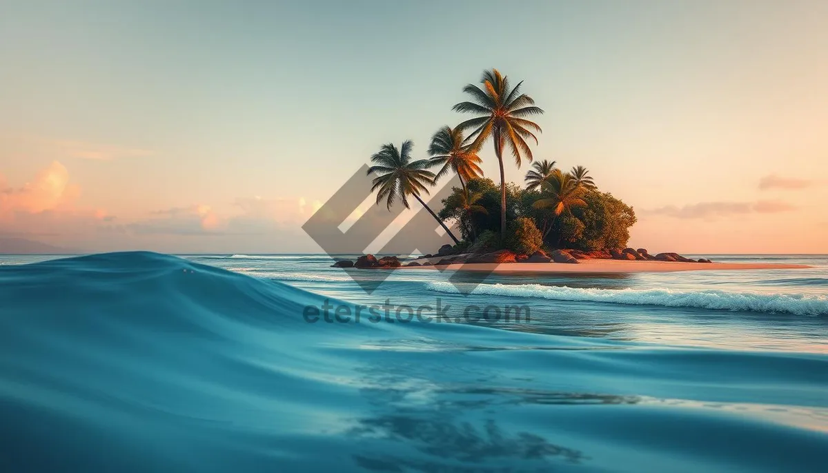 Picture of Tropical paradise beach with palm trees at sunset.