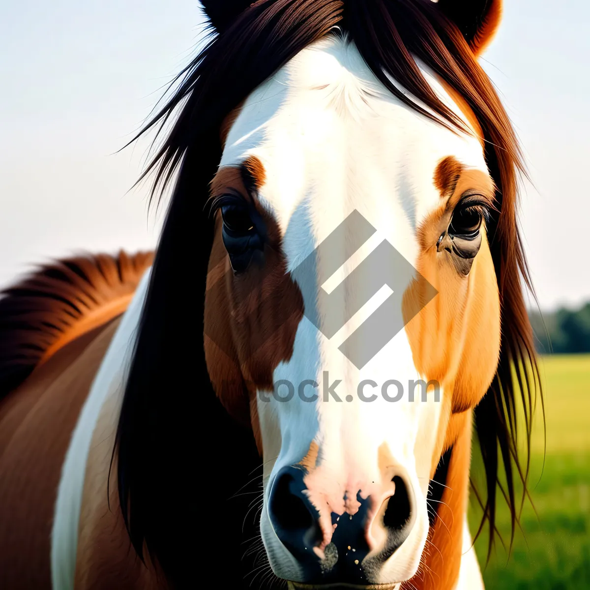 Picture of Brown horse grazing in rural pasture