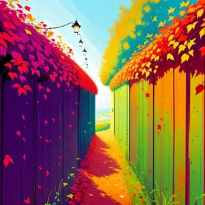 Radiant Orange Fence Light amidst Colorful Tree Art