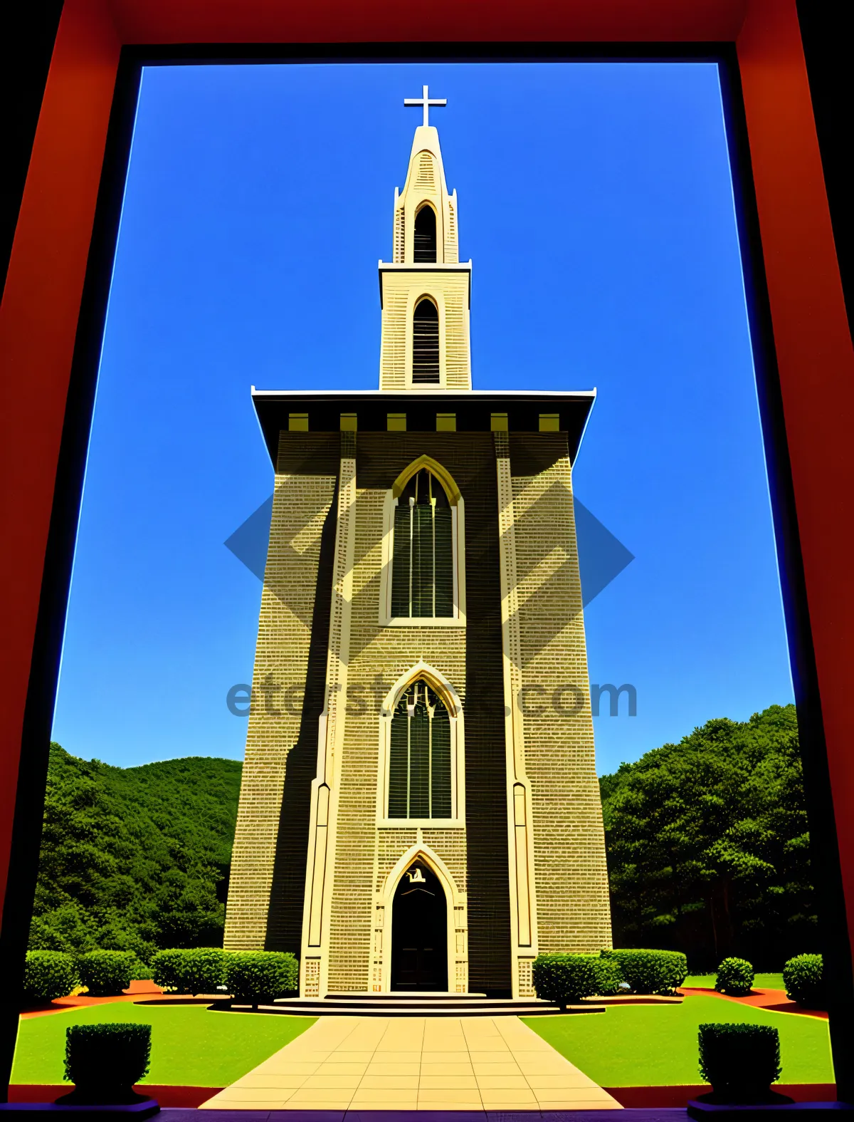 Picture of Old Church Bell Tower against Blue Sky