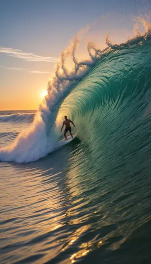 Tropical Sunset Surfer Riding Waves at Beach