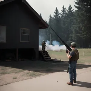 Man swinging golf ball in backyard batting cage