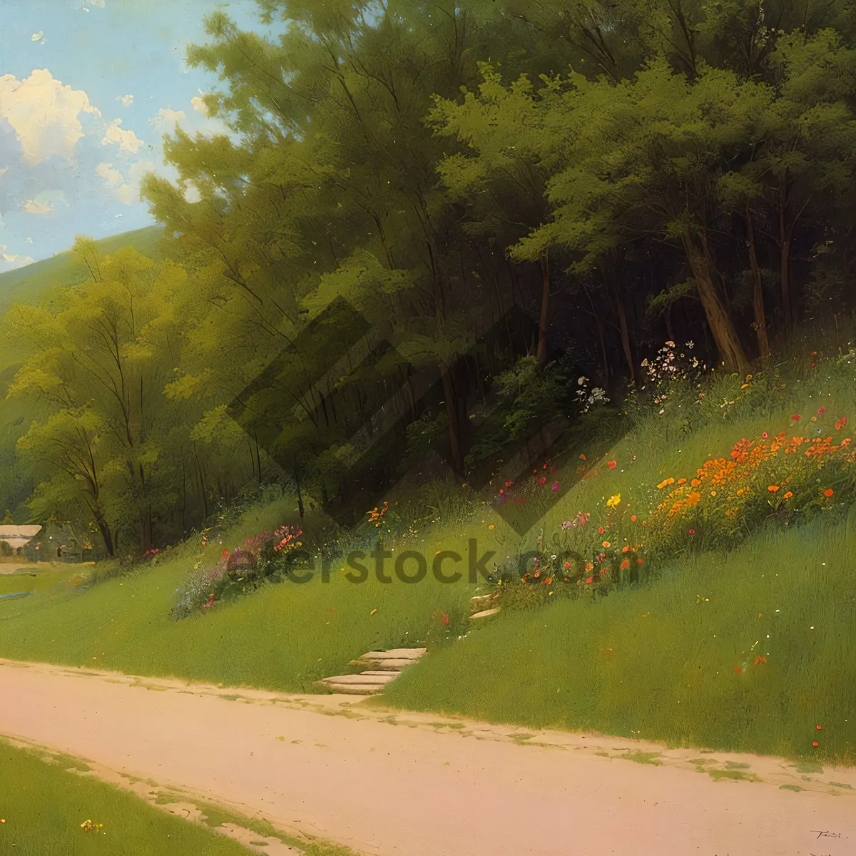 Picture of Idyllic Countryside Road Surrounded by Lush Landscape and Clouds