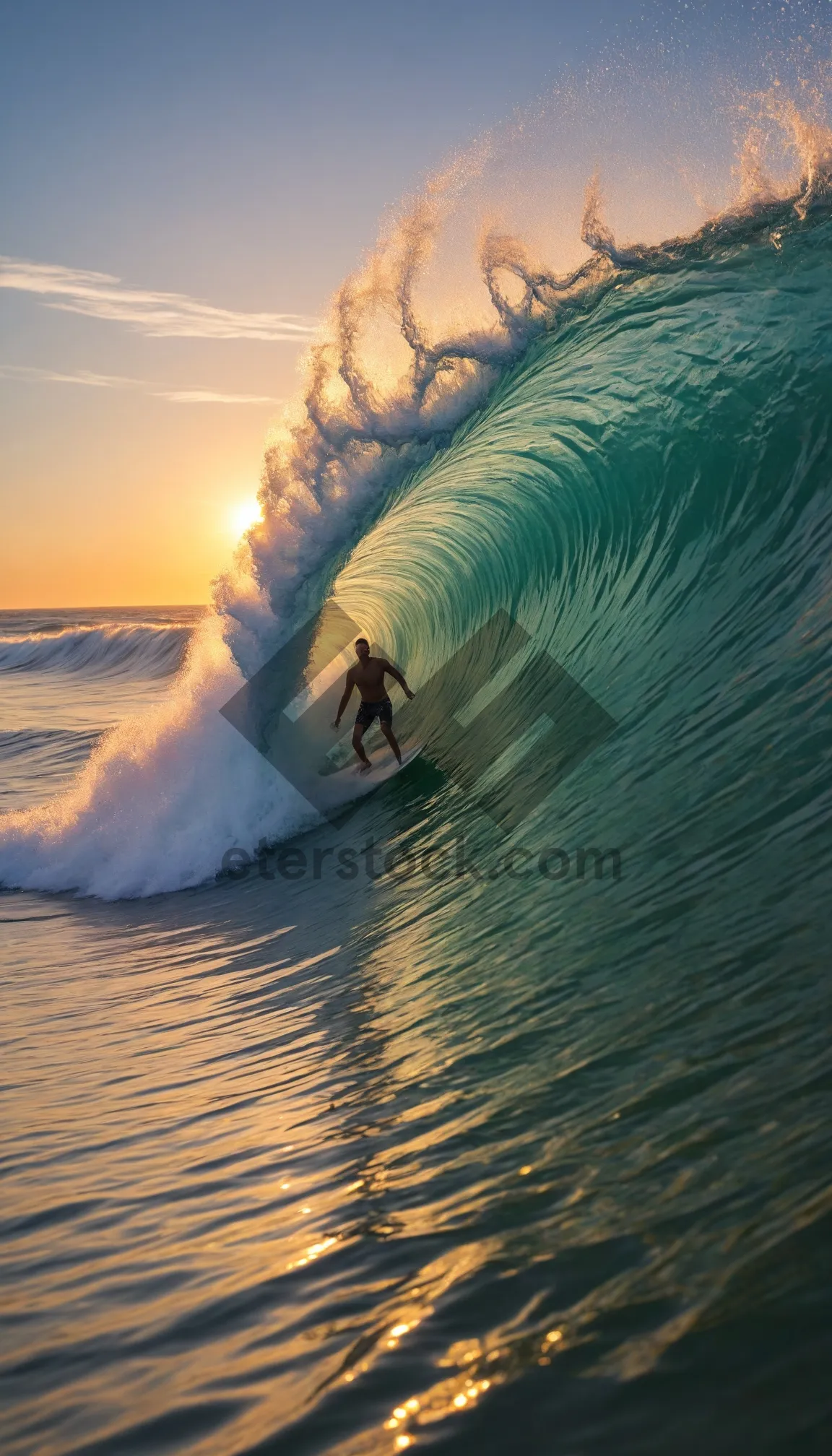 Picture of Tropical Sunset Surfer Riding Waves at Beach