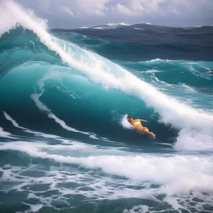 Serene Summer Seascape with Powerful Waves and Surfers