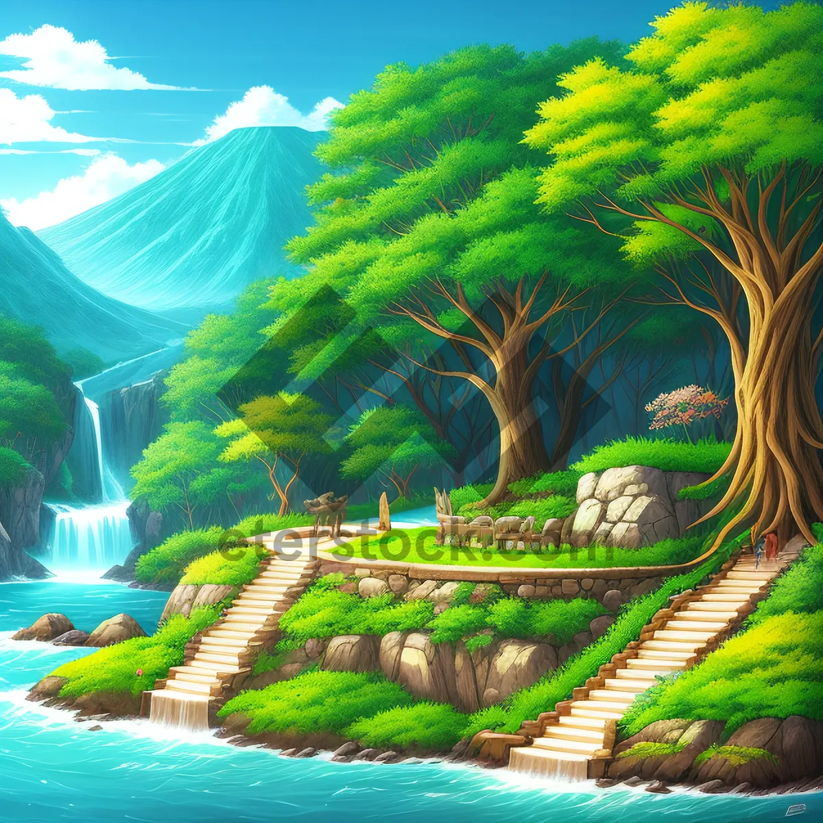 Picture of Serene Waterfall Retreat amidst Majestic Mountains