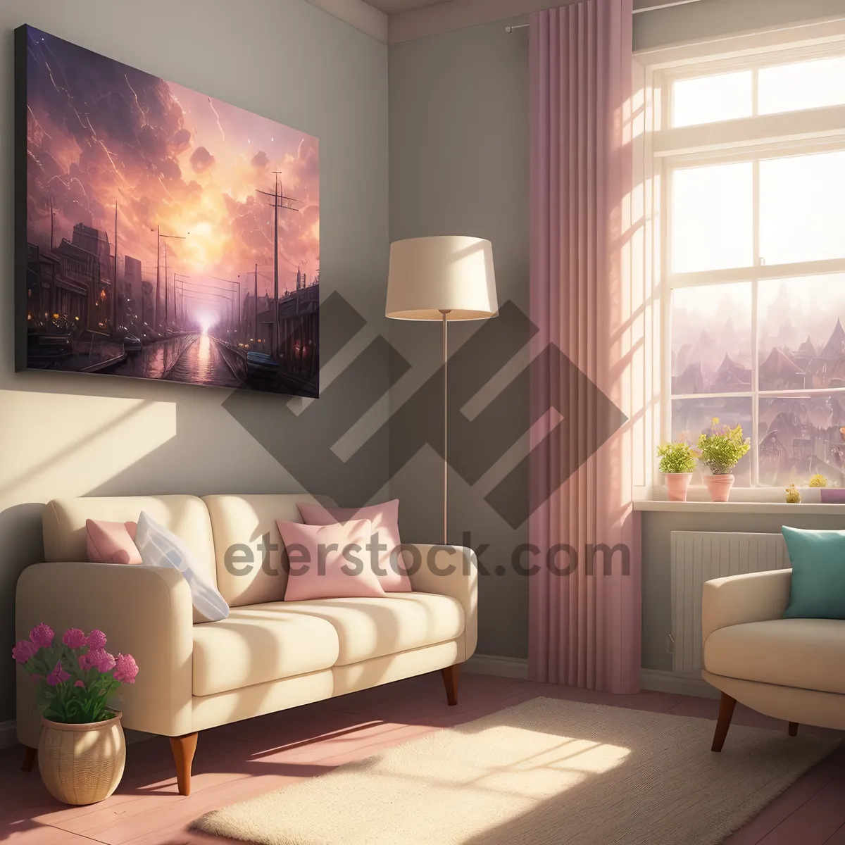Picture of Modern Luxury Living Room with Comfy Sofa, Stylish Lamp, and Cozy Fireplace