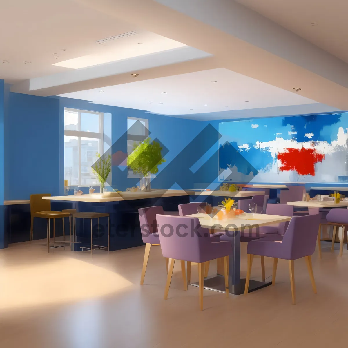 Picture of Modern luxury kitchen interior with wooden furniture and lamp