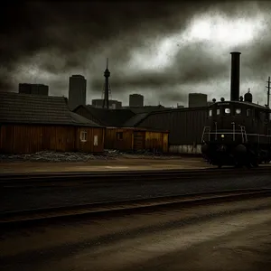 Nighttime Cityscape with Freight Car Crossing River Under Skyline