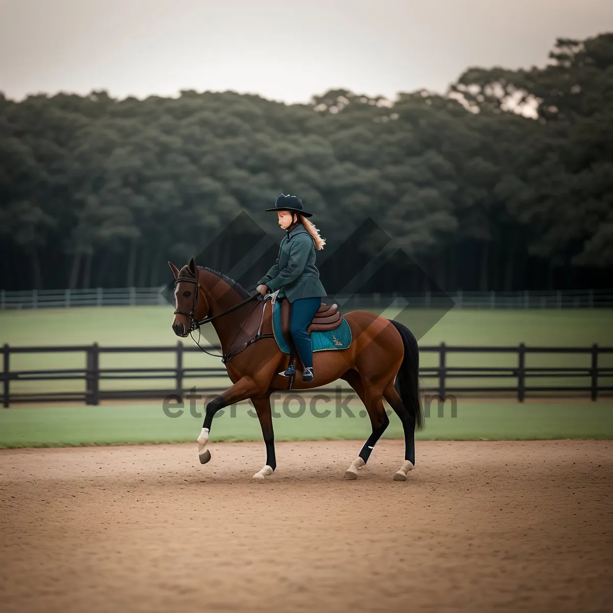 Picture of Graceful Thoroughbred Horse Vaulting with Rider