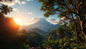 Mountain landscape with volcanoes under cloudy summer sky.