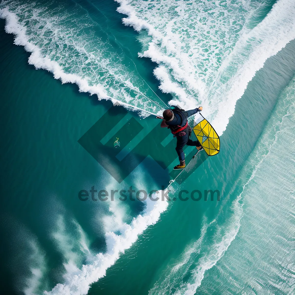 Picture of Surfer riding epic wave under clear blue sky