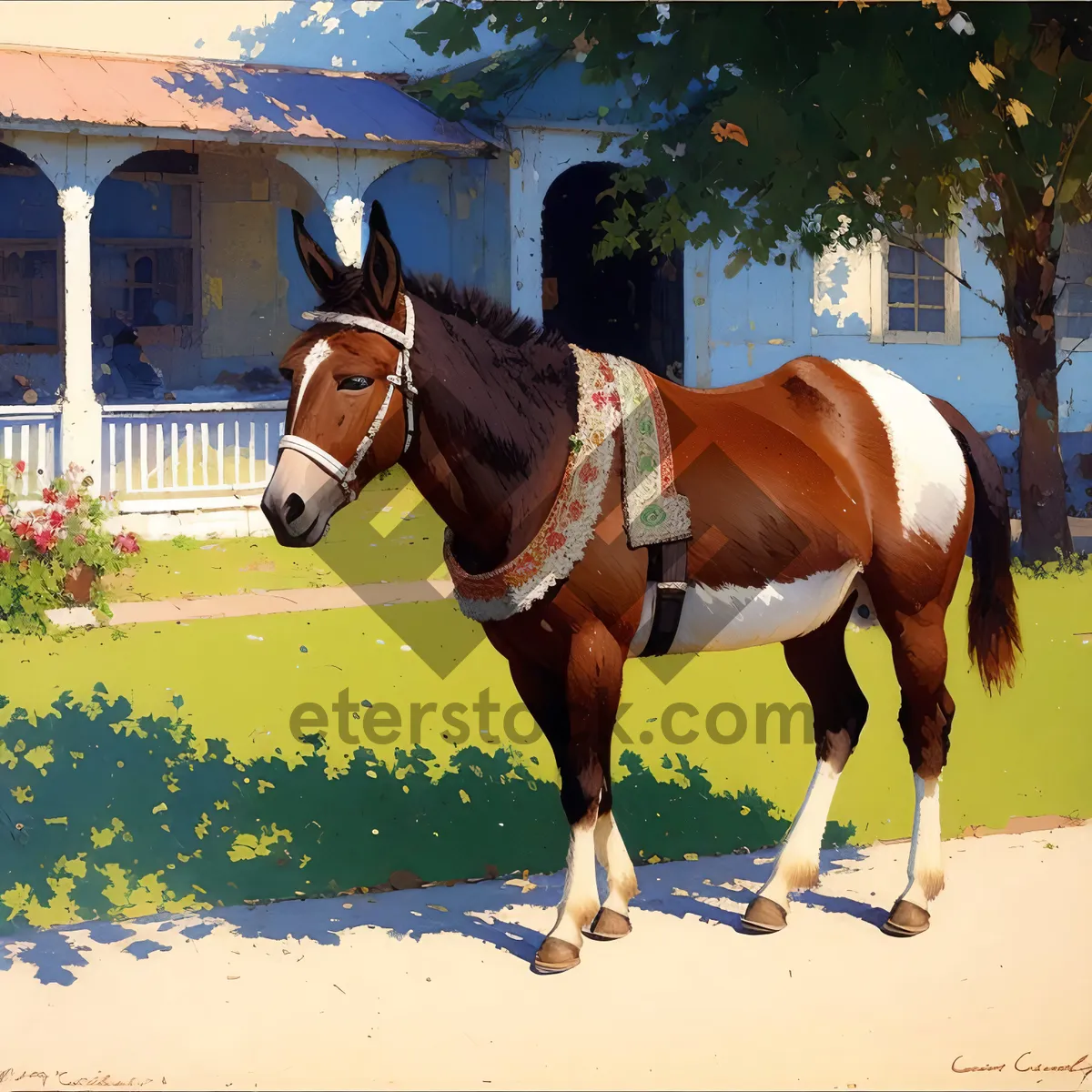 Picture of Sorrel Stallion in Equestrian Gear Grazing in Meadow