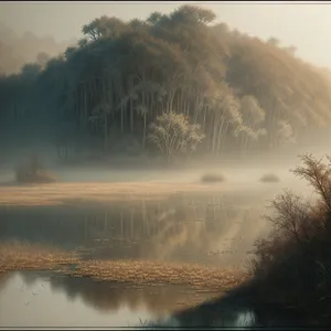 Serene Water's Edge: Scenic Lake Reflections amidst Snowy Forest