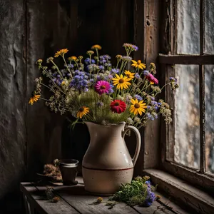 Windowsill garden decoration with flower-filled vases.