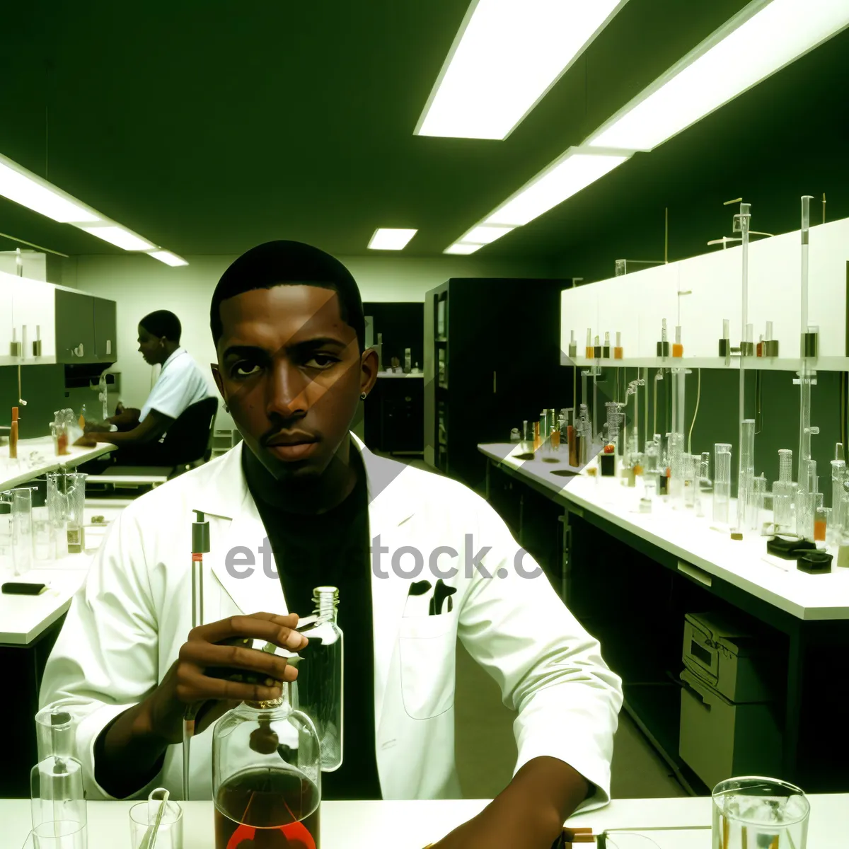 Picture of Smiling male pharmacist in professional lab coat at work