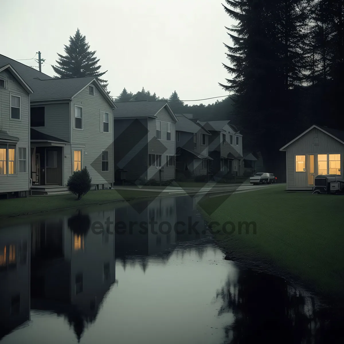 Picture of Old boathouse by the river in the city.