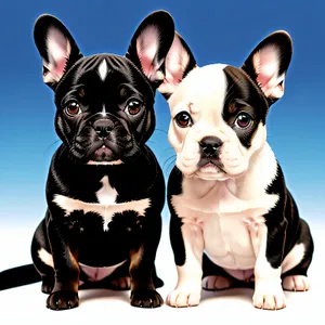 French bulldog puppies posing on a vibrant blue background
