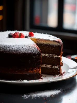 Delicious Chocolate Cake Slice with Fresh Fruit Topping