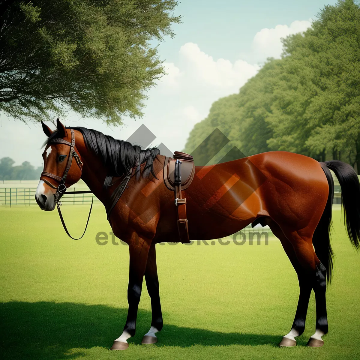 Picture of Magnificent Brown Thoroughbred Horse Harness