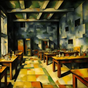 Modern restaurant interior design with wooden furniture and glass.
